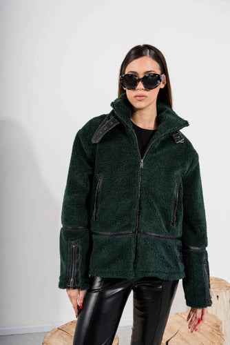 Gamulán Campera Chaqueta Importada Corderito Y Ecocuero Verde L