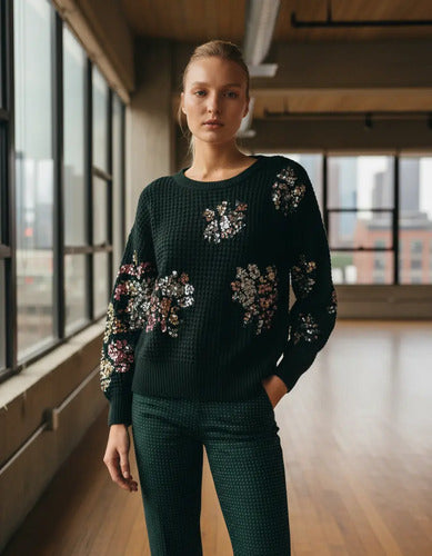 Sweater Tejido Panal Importado Lentejuelas Paillettes Negro Lentejuelas Único