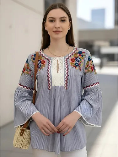 Camisa Blusa Bordada Boho Azul S