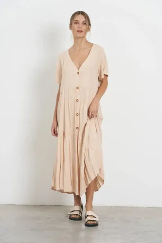 Vestido Largo Escote En V Beige 40