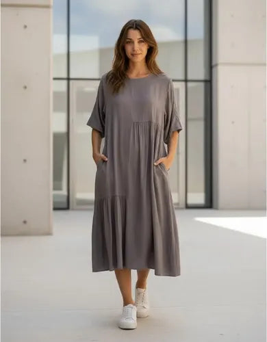 Vestido De Simil Seda Camel Camel Liso Único