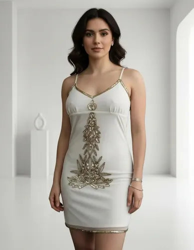 Vestido Solero Noche Bordado Importado Beige Lisa S