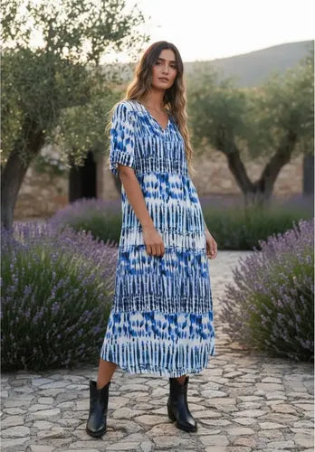 Vestido Largo De India Estampado Amplio Blanco Con Azul Estampado M