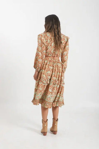 Pollera + Blusa De Seda Hindú (conjunto) Marrón Estampado Único