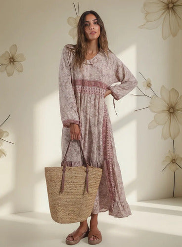 Vestido De Seda Hindú Largo Modelo Amplio Mod. 28 Rosa Claro Estampado Único