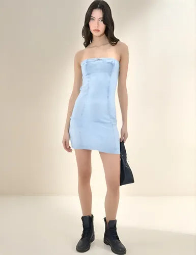 Vestido Strapless De Jean Elastizado Nuevo 2da Selección Celeste M