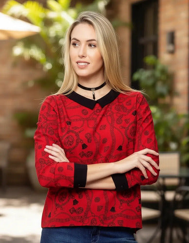 Camisa Blusa De Diseño Estampada  Rojo Estampado 1