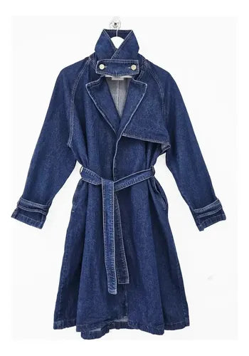 Trench Tapado De De Jean Modelo Grande Azul Único Lisa