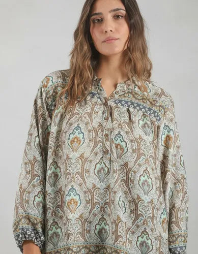 Camisa Blusa De Seda Hindú Modelo Grande Mod. 105 Marrón Claro Estampado Único