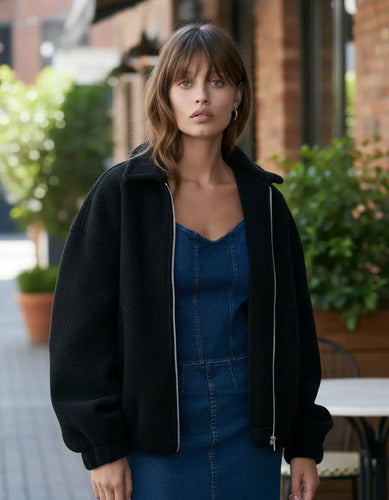 Campera Bomber Simil Paño Amplia Negro Único Liso