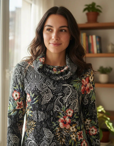Vestido De Lanilla Estampado Negro Flores Rojas Estampado L