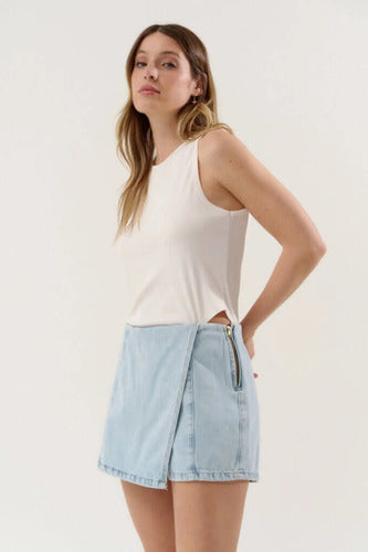Short Pollera Skort De Jean Denim Celeste Liso Xl