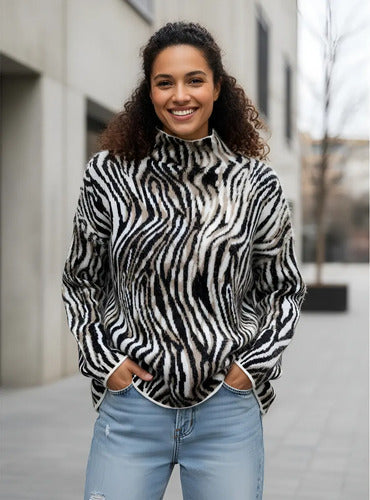 Sweater Pullover Tejido Pelo De Mono Negro Cebra Único