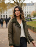 Campera Gamulán De Mujer Eco Cuero Con Piel Talle Amplio Verde Musgo 3xl Liso