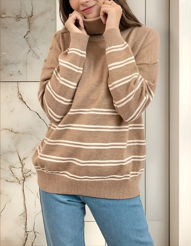 Sweater  Rayado Tejido Polera Amplio Marrón Claro Rayas Beige Rayas Único