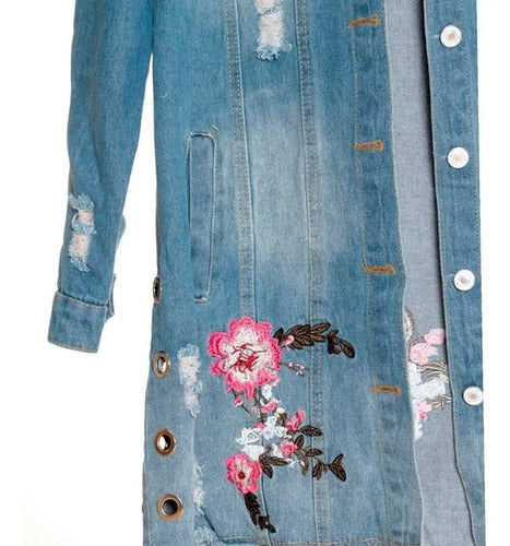 Campera Saco De Jean Bordada Celeste S Bordado