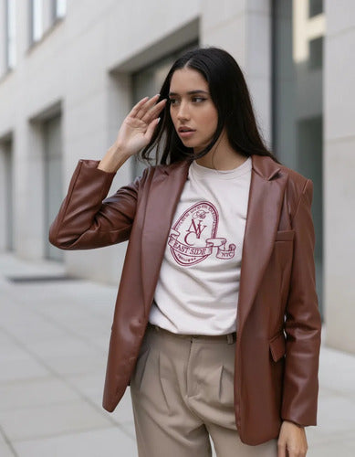 Saco Blazer Eco Cuero  Marrón Liso 42