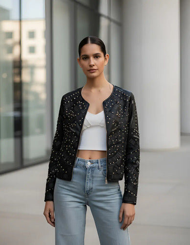 Campera Eco Cuero Importada Negro L Tachas