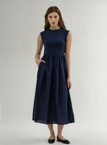 Vestido Largo Sin Mangas Combinado Con Ribb Y Poplin