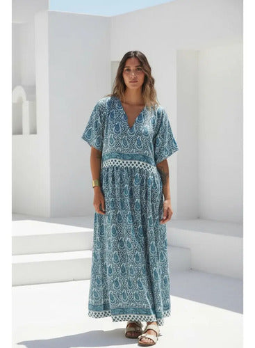 Vestido Largo De Seda Hindú Modelo Amplio Mod. 04 Azul Acero Estampado Único