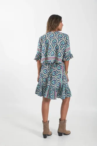 Vestido De Seda Hindú Corto Mod. 5 Nuevo 2da Selección Azul Estampado Único