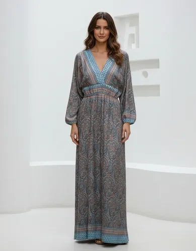 Vestido Largo De Seda Hindú Modelo Amplio Mod. 84 Turquesa Estampado Único
