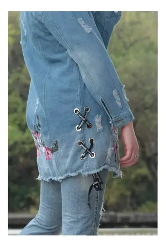 Campera Saco De Jean Bordada Celeste S Bordado