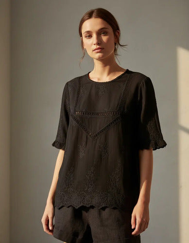 Camisa Blusa Importada Estilo Boho Bordada Negro L