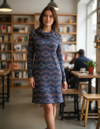 Vestido De Lanilla Estampado Azul Estampado L