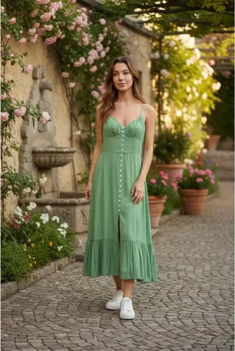 Vestido Solero Simil Seda Con Botones Verde Lisa Único