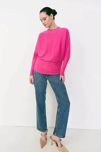 Sweater Importado Con Hotfix Fucsia Liso Único