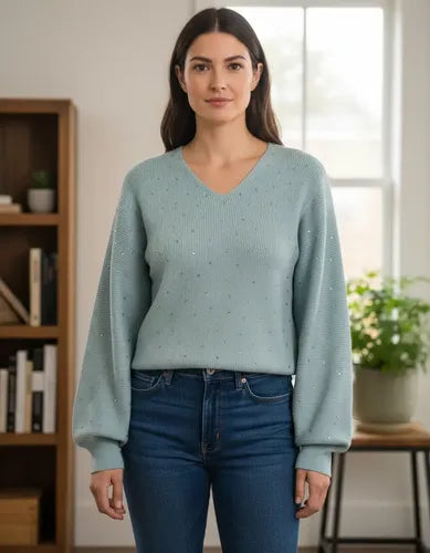 Sweater Tejido Morley Mangas Globo Y Hotfix Verde Agua Hotfix Único