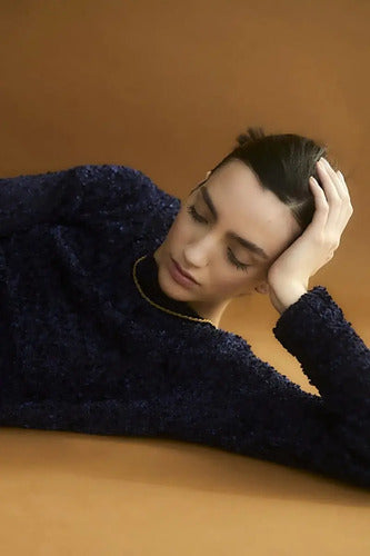 Sweater Pullover Tejido Boucle Azul Liso Unico