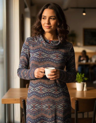 Vestido De Lanilla Estampado Azul Estampado L