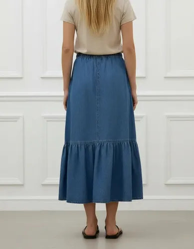 Pollera De Jean Larga Con Volado (modelo Grande) Xl/xxl Azul Liso Xl