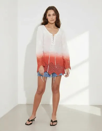 Blusa Camisa Puntilla Importada Batik Boho Hippie Chic Blanco Con Coral Batik L
