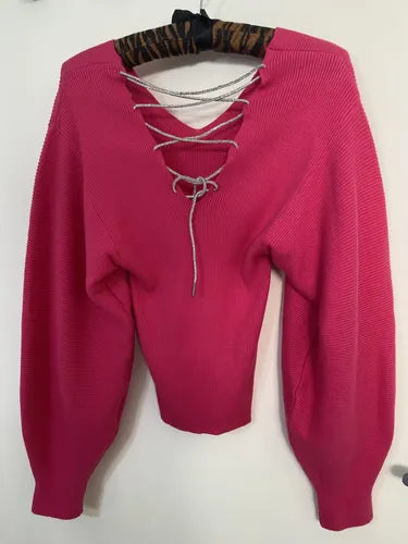 Sweater Tejido Morley Mangas Globo Fucsia Liso Único