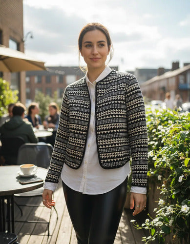 Saco  Blazer Chaqueta Importada  Negro Con Beige Geométrico M