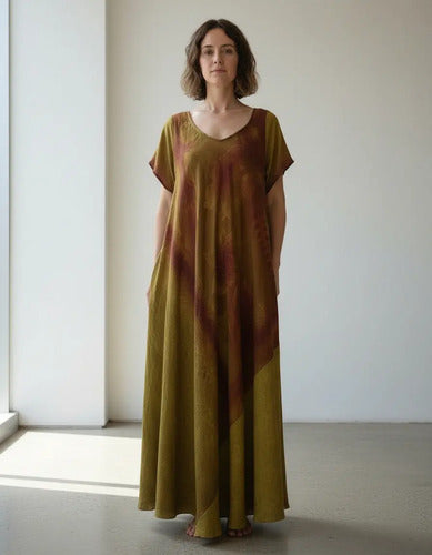 Vestido Largo Seda Hindú Modelo Amplio Xxxl C/bolsillos Marrón Estampado Único