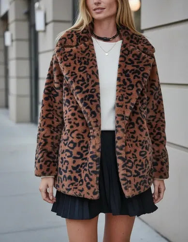 Saco Campera Chaqueta Piel Sintética Animal Print Marrón Oscuro Único Animal Print
