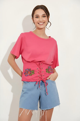 Remera Blusa Bordada Importada Estilo Boho Corset Blanco Bordado M
