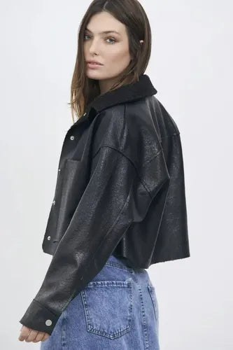 Saco Chaqueta Campera Eco Cuero Con Bouclé Marrón Único Liso