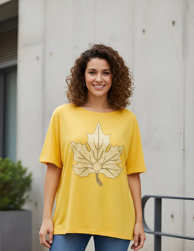 Remera  Modal Importada Talle Grande Strass Amarillo Hoja 5xl Lisa