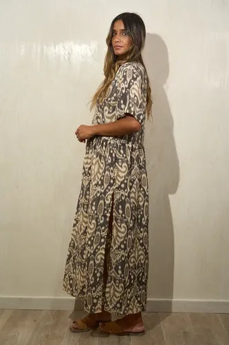 Vestido Largo De Seda Hindú Modelo Amplio Mod. 04 Marrón Estampado Único