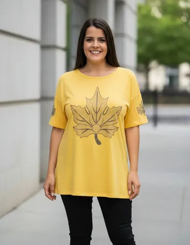 Remera  Modal Importada Talle Grande Strass Amarillo Hoja 5xl Lisa