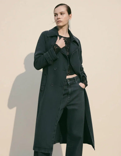 Trench Jean Tapado Denim Largo Sobretodo