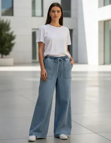 Pantalón De Jean Palazzo Celeste Liso Xl