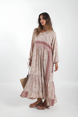 Vestido De Seda Hindú Largo Modelo Amplio Mod. 28 Rosa Claro Estampado Único