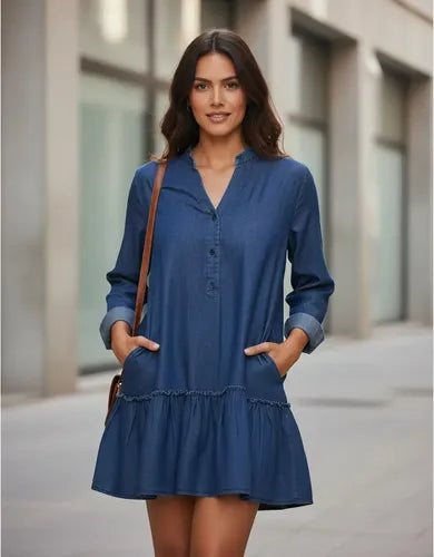 Vestido De Jean Con Volado Manga Larga Talle Grande Azul Lisa Xxl