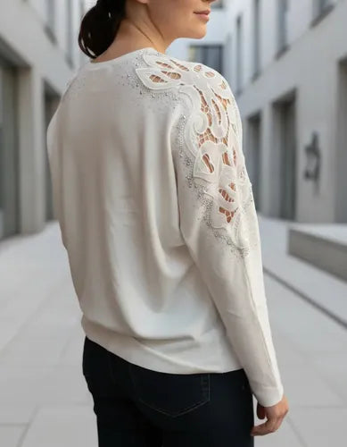 Sweater Tejido Importado Detalle En Brazos Strass  Cod. 537 Blanco Unico